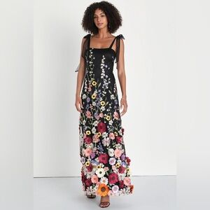 Thriving Poise Black 3D Floral Embroidered Tie-Strap Maxi Dress